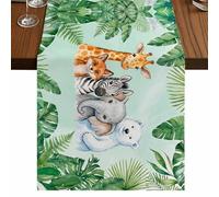 Children's Day Table Runner, Cartoon Animal Elephants Bear Zebras Fox Giraffe Leaf Cotton and Table Linen Runner for Kitchen Dining Home Decor for Party Festival Holiday Decoration Gift 13x120in