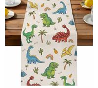 Children's Day Table Runner, Cartoon Green Blue Dinosaur Cactu Rainbow Linen Texture Cotton and Table Linen Runner for Kitchen Dining Home Decor for Party Festival Holiday Decoration Gift 13x48in