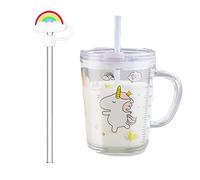 Children's drinking bottle, straw cup for children, glass cup with lid and straw, silicone tips for children, spout cup with straw for toddlers, unicorn, 350 ml