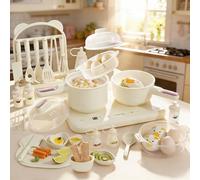 Children's Electric Cooking Set with Double Hobs - Complete Children's Kitchen Accessories Including Cookware Children & Safe Children's Chef's Knife, for Children from 8-12 Years (Beige)