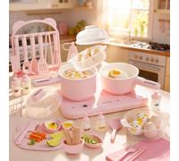 Children's Electric Cooking Set with Double Hobs - Complete Children's Kitchen Accessories Including Cookware Children & Safe Children's Chef's Knife, for Children Aged 8-12 Years (Pink)