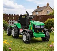 Childrens Electric Tractor Ride On, 12V Battery Powered with Manual & Remote Control, Detachable Trailer, Dual Motors, Music, USB, Horn, 7 LEDs - Ages 3+, Green