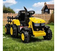 Childrens Electric Tractor Ride On, 12V Battery Powered with Manual & Remote Control, Detachable Trailer, Dual Motors, Music, USB, Horn, 7 LEDs - Ages 3+, Yellow
