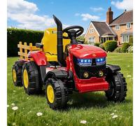 Childrens Electric Tractor Ride On, 12V Battery Powered with Manual & Remote Control, Detachable Trailer, Dual Motors, Music, USB, Horn, 7 LEDs - Ages 3+, Red
