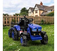 Childrens Electric Tractor Ride On, 12V Battery Powered with Manual & Remote Control, Detachable Trailer, Dual Motors, Music, USB, Horn, 7 LEDs - Ages 3+, Blue