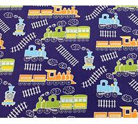 Children's Fabric - Choo Choo Trains & Track on Navy Blue - Polycotton - Craft Fabric Material Metre (1614IP)