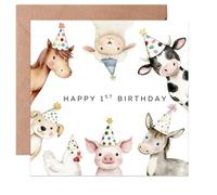 Children's First Birthday Card, Farm Animals Design, Happy 1st Birthday Card for Boy Girl, Blank Inside with Envelope (1st)