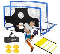 Children's Football Goals Set of 2 180 x 120 cm for Backyard Training & Inflatable Outdoor Sports Games - Includes Football, Ladder, Cone, Shot Gate, Kick Trainer & Portable Bag - Training Set (Blue)