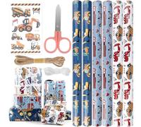 Children's Gift Wrapping Paper Set, 6 Sheets 50 x 70 cm Gift Wrapping Paper Birthday Wrapping Paper Boy with Hemp Ropes Roll Ribbon Scissors Sticker Police Car Fire Engine Tractor Wrapping Paper