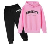 Children's Girls Hoodie and Sweatpants Set 2 Piece Brooklyn New York with Hood Active Fall Children Outfits Athletic Travel Sweatshirt with Hood Sweatpants Set Winter Fall Casual