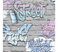 Children's Graffiti Brick Wallpaper Metallic Pink Blue Grey Lilac Urban Ugepa from YöL