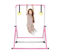 Children's Gymnastics Bar with Gymnastic Rings, 5 Adjustable Heights, Large Triangle Structure, Foldable Home Training Device for Indoo, Pink Horizontal Training Bar, Training Equipment with Gymnastic