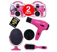 Childrens Hairstyler Toy Set Compact Carry Case Beginner Hairstyling Kit Pink Play Hairdryer Mirror Brush Diffuser Role Play for Kids Girl Boys Portable Pretend Salon Accessory 2 Pack - Electoys
