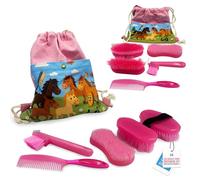 Children's Horse Grooming Kit with Bag - Pony Gift Set Includes Curry Comb, Hoof Pick, Brushes and Comb - Available in Blue or Pink - Ideal Kids Grooming Kit Horse Present Gift - Pink