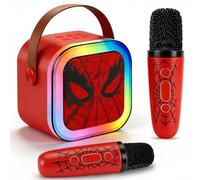 Children's Karaoke with 2 Wireless Microphones, Portable Bluetooth Speaker, LED Lights that Change the Rhythm of Music, Compatible with AUX, TF and USB, Children (Red)
