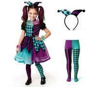 Childrens Kids Girls Blue and Purple Harlequin Clown Jester Fancy Dress Costume, Headband & Tights (Large 10-12 Years) Halloween Outfit