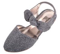 Childrens Kids Girls Easy Slip On Elasticated Back Party Glitter Bow Smart Formal Sandals - Pewter - UK Child 12