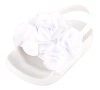 Childrens Kids Girls Easy Slip On Open Toe Elasticated Summer Holiday Sandal with Embroidered Flower - White - UK Infant 7 / EU 25