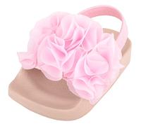 Childrens Kids Girls Easy Slip On Open Toe Elasticated Summer Holiday Sandal with Embroidered Flower - Pink - UK Infant 4 / EU 22