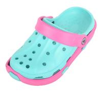 Childrens Kids Slip On Style Lightweight Beach Holiday Summer Pool Emoji Clogs Sandals Moveable Back Strap - Turquoise/Pink - UK Child 12 / EU 30-31