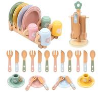Children's Kitchen Accessories Tea Service Children's Wooden Play Kitchen Accessories Wood with Cups Plates Colourful Doll Tableware for Boys and Girls from 3 Years for Christmas Birthday Children's