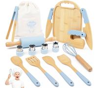 Children's Knife Set - 15 Pieces with Safe Kiddi Cutter, Wooden Knife Chopping Board - Montessori Kitchen Set for Learning to Cut from 3 Years (Blue)