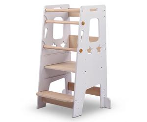 Children's learning tower, kids' chair & kitchen step, white with star cut-outs