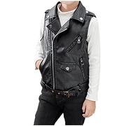 Children's Leather Vest Waistcoat Boys Jacket Turn-Down Collar with Slanted Zip Sleeveless Motorcycle Vest Multiple Zip Pockets Decorative Belt Bomber Jacket Spring Autumn, black, Age 3-12 Years