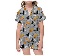 Children's Leisure Halloween Printed Button Collar Short Sleeved Top Shorts Pajama Set Girls Fleece Robe Size 12 Grey