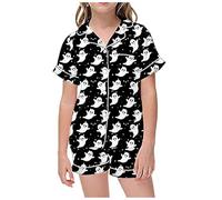Children's Leisure Halloween Printed Button Collar Short Sleeved Top Shorts Pajama Set Girls Fleece Robe Size 12 Black