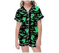 Children's Leisure Halloween Printed Button Collar Short Sleeved Top Shorts Pajama Set Girls Spa Robes Green