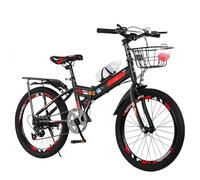 Children's Mountain Bike City Bike 7 Speed Mens and Womens Foldable Mountain Bicycle Folding and Installation-Free Thickened Anti-Skid and Wear-Resistant Tires Black and red,20