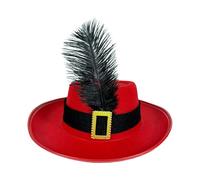 Children's Musketeer Hat - Feathered Fancy Dress Accessory | Black Felt Tricorn Hat with Red Band & Gold Buckle | Lightweight Costume Headwear for Carnival & Parties