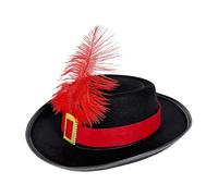 Children's Musketeer Hat - Feathered Fancy Dress Accessory | Black Felt Tricorn Hat with Red Band & Gold Buckle | Lightweight Costume Headwear for Carnival & Parties