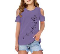 Childrens Off The Shoulder Tops Girls Short Sleeve Round Neck Butterfly T Shirts Teenage Girls Summer Comfy Cartoon Casual Holiday Children Tops Blouse Age 3-12 Years (Purple, 11-12Years)