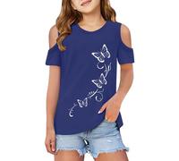 Childrens Off The Shoulder Tops Girls Short Sleeve Round Neck Butterfly T Shirts Teenage Girls Summer Comfy Cartoon Casual Holiday Children Tops Blouse Age 3-12 Years (Blue, 4-5Years)