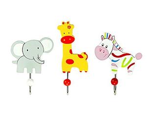 Children's or Baby Coat Hook, Wall Hook, Safari Animal, Jungle, Elephant, Giraffe and Zebra Wooden for Boys or Girls Children's Room