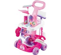 Childrens Pink Cleaning Trolley Cart Role Play Toy Set & Working Vacuum Cleaner Pretend Play - Includes Mop Broom Brush Dustpan Bottles & Real Battery-Powered Vacuum