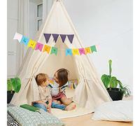 Children's play tent Tipi Children's tent made of 100% natural materials; Children's room Indian tent made of cotton & wood for indoors & outdoors (Beige)