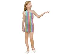 Children's Products Girls Fashion Square Sequin Print Sleeveless Slip Dress with Round Neck Asymmetric Hem Party Wear Casual Summer Outfit(Multicolour,7-8Years)