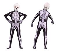 Children's Punk Outfit Cos Skeleton Tight Suit for Halloween Dark Series Head and Skeleton Printed Dress with Head Cover Set T-Shirt Black Child (Black, 9-10 Years)