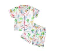 Children'S Pyjamas,Girls Short Sleeve Pajama With Bow Print Lapel Collar Comfortable Homewear Two Piece Outfit