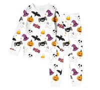 Children's Pyjamas Set Halloween Cute Pumpkin Ghost Cotton Sleepwear Two Piece Cute Fashionable Long Sleeve Pyjama Sets for Girls Boys Costume Party Children's Clothing, White, 7 Years