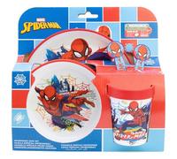 Children's reusable non-slip tableware set with two-tone silicone base consisting of plate, bowl, cup and cutlery in a Spiderman box