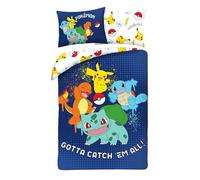 Children's reversible bed linen, Oeko-Tex duvet cover 140 x 200 cm and pillowcase 70 x 90 cm, Pokemon with Pikachu, glumanda, sword beetle and bulbizarr