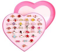 Children's Rings Girls, Children's Rings Set, 36 Pieces Adjustable Rings Sparkle with Heart Shape Display Cabinet, Adjustable Colourful Finger Rings Princess Jewellery Finger Rings, Alloy, Agate