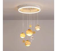 Children's Room Pendant Light, Creative Astronaut Planet Hanging Lights, Metal Lighting Suspension Lamp with Glass Shade, Modern LED 3 Color Mode s