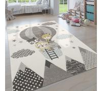Children's Room Rug Cute Hot Air Balloon Clouds Cheerful Animals Pastel In Cream
