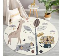 Children's Round Play Rug, 160cm Cute Cartoon Animal Giraffe, Elephant, Lion, Tree, washable Children's Crawling Rug, Soft Non-Slip Mat, Low-Pile Non-Shedding Carpet for Living Rooms, Classrooms