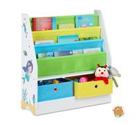 Relaxdays Children's Shelf, Mermaid Motif, 2 Boxes, 3 Compartments, Toy Storage, Bookshelf HWD: 74x71x23 cm, Colourful
